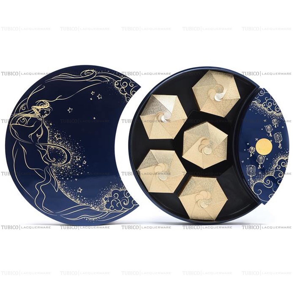 Hộp bánh trung thu cao cấp sơn mài xanh bóng in hoa văn chị hằng